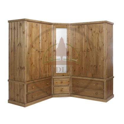 Corner 5 Door Mirrored Solid Pine Wardrobe In Light Oak Wax