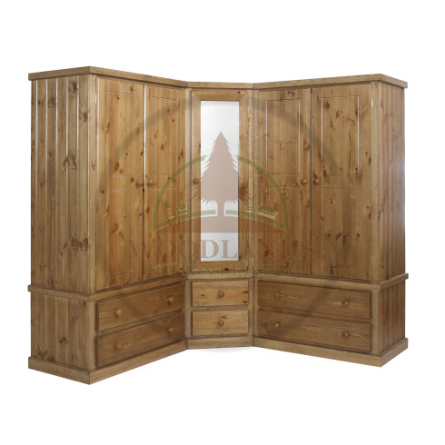 CORNER 5 DOOR MIRRORED SOLID PINE WARDROBE IN LIGHT OAK WAX
