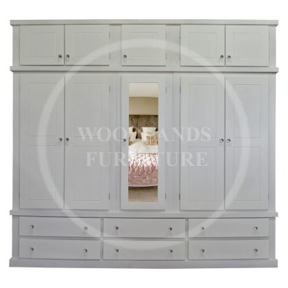 Dewsbury 5 Door 6 Drawer Mirrored Wardrobe With Topbox In White