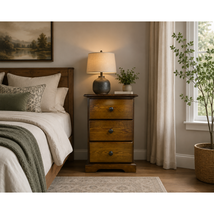 BALTIC SOLID PINE 3 DRAWER BEDSIDE CABINET IN DAKR OAK POLISHED BALTIC SOLID PINE 3 DRAWER BEDSIDE CABINET IN DAKR OAK POLISHED