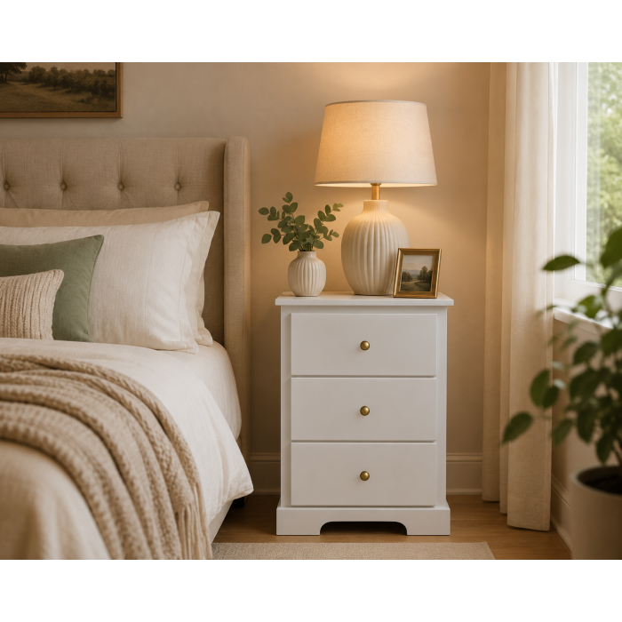 BALTIC SOLID PINE 3 DRAWER BEDSIDE CABINET IN WHITE BALTIC SOLID PINE 3 DRAWER BEDSIDE CABINET IN WHITE