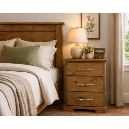 Baltic Solid Pine 3 Drawer Bedside Cabinet In Kenilworth Oak Wax