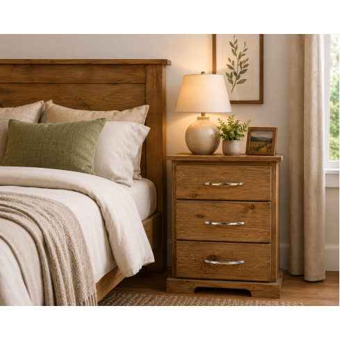 BALTIC SOLID PINE 3 DRAWER BEDSIDE CABINET IN KENILWORTH OAK WAX