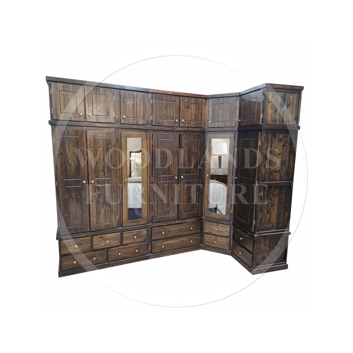 CORNER SOLID PINE  7 DOOR 11 DRAWER MIRRORED WARDROBE WITH TOPBOX IN BROWN MAHOGANY