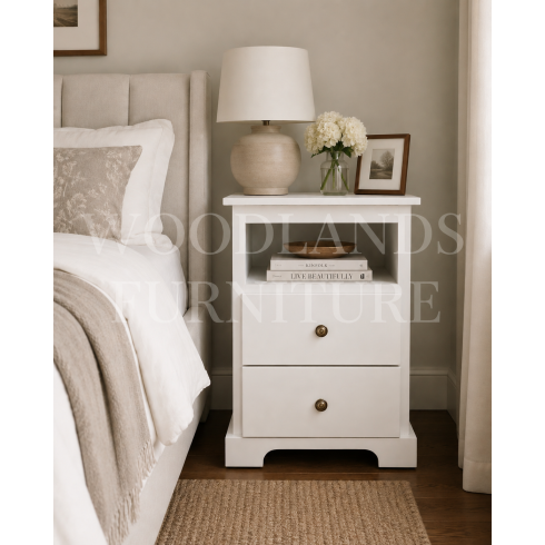 BALTIC SOLID PINE 2 DRAWER BEDSIDE CABINET WITH SHELF IN WHITE