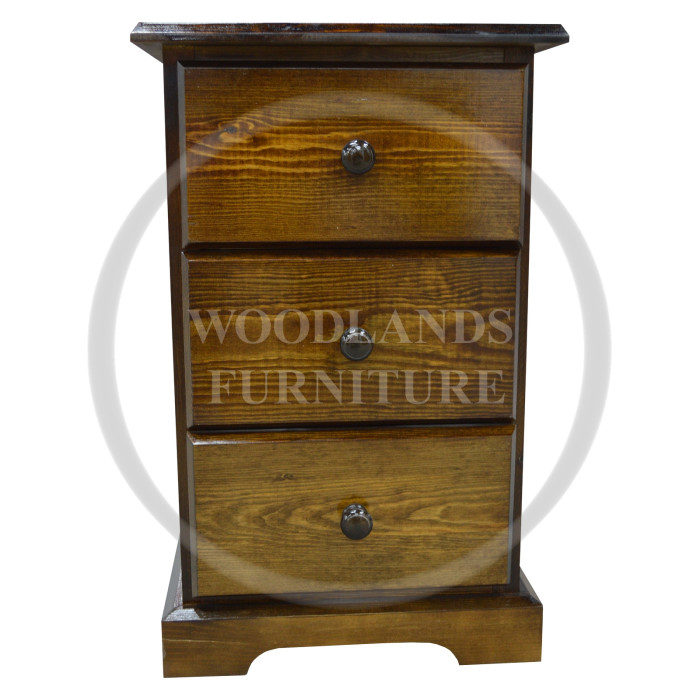 BALTIC SOLID PINE 3 DRAWER BEDSIDE CABINET IN DAKR OAK POLISHED