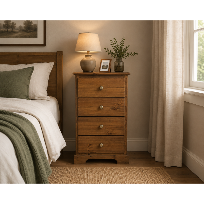 BALTIC SOLID PINE 4 DRAWER BEDSIDE CABINET IN GOLDEN OAK POLISHED BALTIC SOLID PINE 4 DRAWER BEDSIDE CABINET IN GOLDEN OAK POLISHED