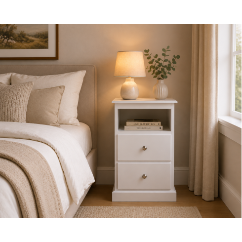CAMBRIDGE 2 DRAWER SHELVED BEDSIDE IN WHITE CAMBRIDGE 2 DRAWER SHELVED BEDSIDE IN WHITE