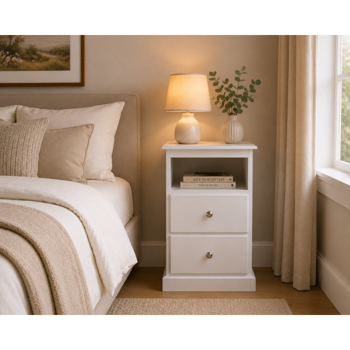 CAMBRIDGE 2 DRAWER SHELVED BEDSIDE IN WHITE