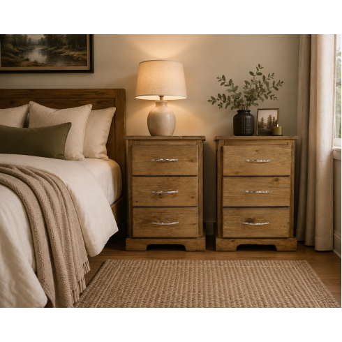 BALTIC SOLID PINE 3 DRAWER BEDSIDE CABINET SET IN KENILWORTH OAK WAX