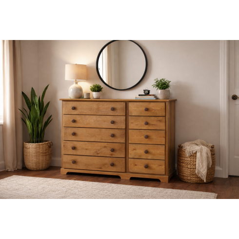 Handmade in England Baltic Solid Pine 10 Drawer Chest of Drawers (5+5) in Light Oak Wax