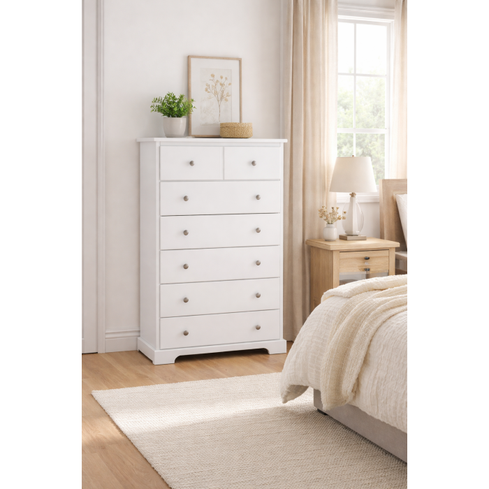 Handmade in England Baltic Solid Pine 2+5 Chest of Drawers in White - Fully Assembled