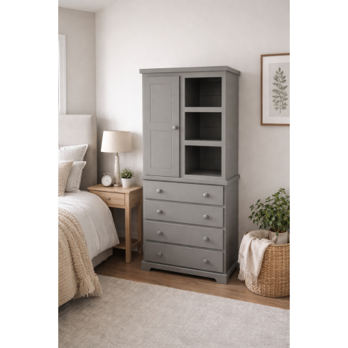 BALTIC SOLID PINE 1 DOOR 4 DRAWER WARDROBE WITH OPEN SHELVES IN GREY