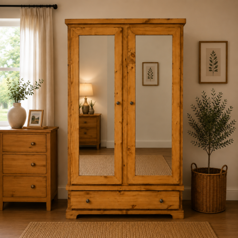 BALTIC SOLID PINE 1 DRAWER MIRRORED LARGE WARDROBE IN LIGHT OAK POLISHED