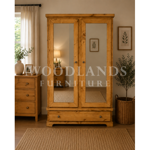 BALTIC SOLID PINE 1 DRAWER MIRRORED LARGE WARDROBE IN LIGHT OAK POLISHED