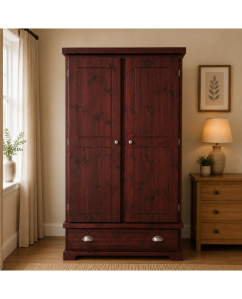 Baltic Solid Pine 1 Drawer Large Wardrobe- No Mirrored Doors In Red Mahogany Wax