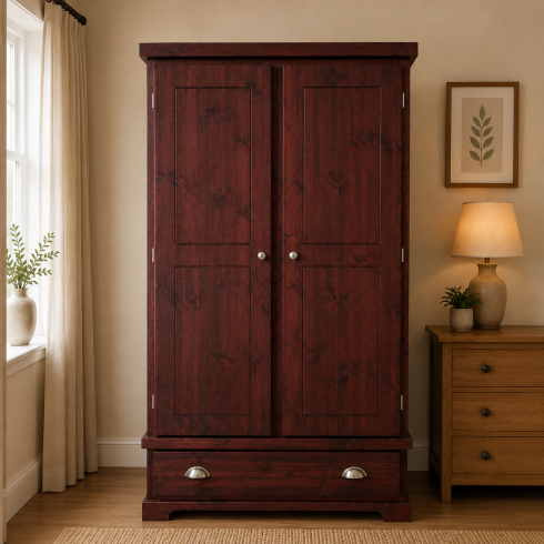 BALTIC SOLID PINE 1 DRAWER LARGE WARDROBE- NO MIRRORED DOORS IN RED MAHOGANY WAX