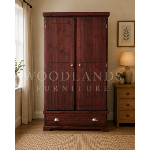BALTIC SOLID PINE 1 DRAWER LARGE WARDROBE- NO MIRRORED DOORS IN RED MAHOGANY WAX