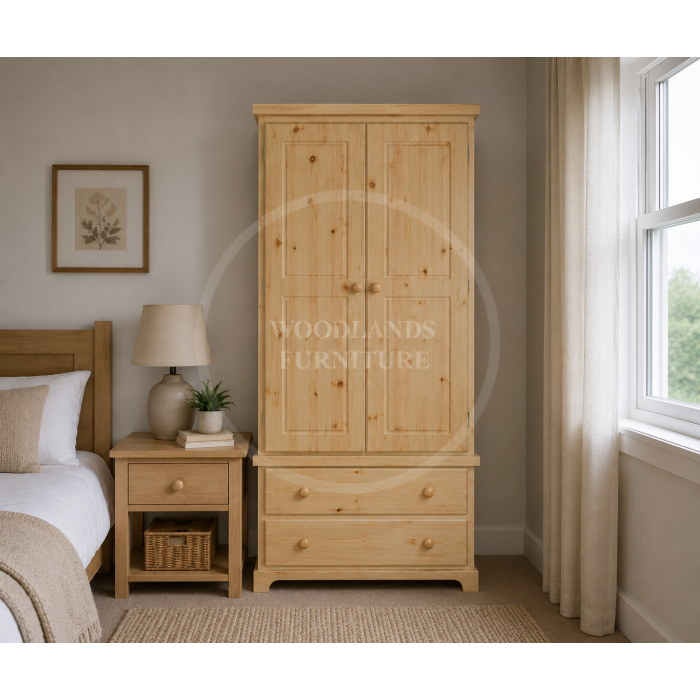 BALTIC SOLID PINE 2 DRAWER WARDROBE IN NATURAL POLISHED