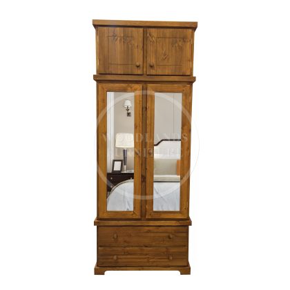 Baltic Solid Pine 2 Drawer Double Mirrored Wardrobe With Topbox In Golden Oak Wax