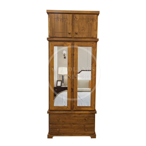 BALTIC SOLID PINE 2 DRAWER DOUBLE MIRRORED WARDROBE WITH TOPBOX IN GOLDEN OAK WAX