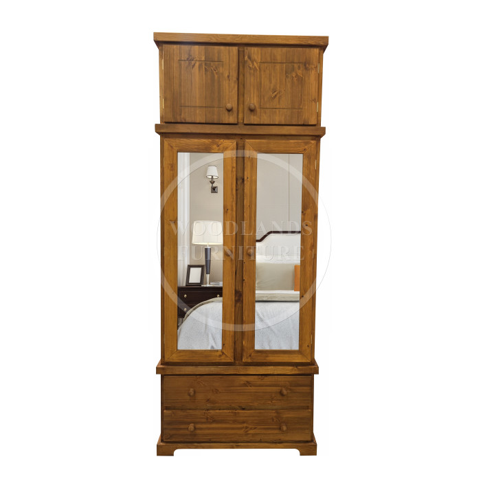 BALTIC SOLID PINE 2 DRAWER DOUBLE MIRRORED WARDROBE WITH TOPBOX IN GOLDEN OAK WAX