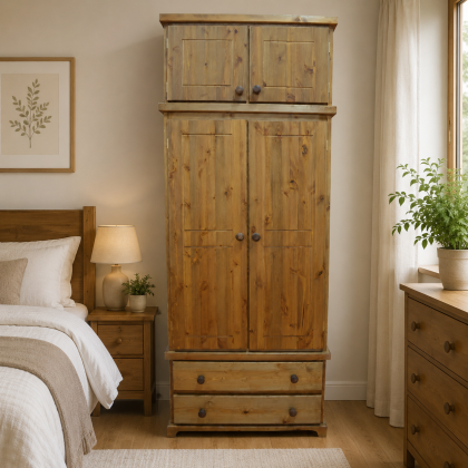 Handmade in England Baltic Solid Pine Gents 2 Drawer Wardrobe with Topbox in Light Oak Wax