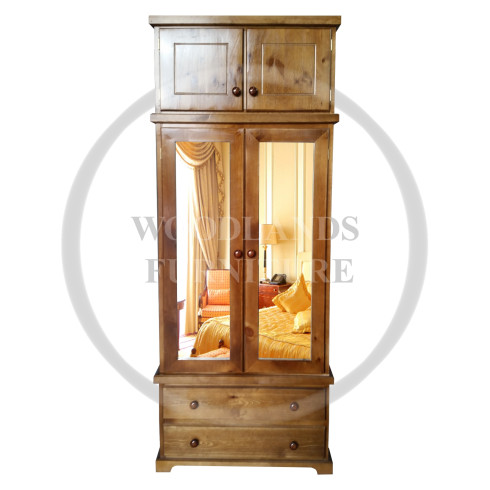 BALTIC SOLID PINE 2 DRAWER DOUBLE MIRRORED WARDROBE WITH TOPBOX IN MEDIUM OAK POLISHED