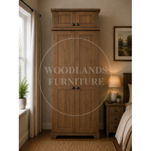 BALTIC SOLID PINE 2 DOOR FULL HANGING WARDROBE WITH TOPBOX IN MEDIUM OAK WAX