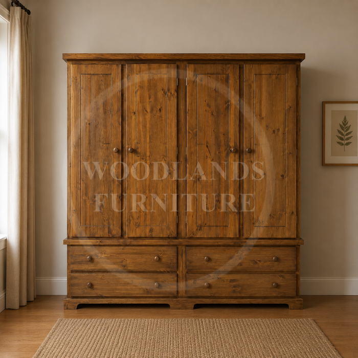 BALTIC SOLID PINE 4 DRAWER AND 4 DOOR WARDROBE IN GOLDEN OAK 