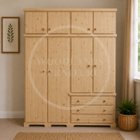 BALTIC SOLID PINE 4 DOOR 3 DRAWER WARDROBE  WITH TOPBOX IN NATURAL POLISHED