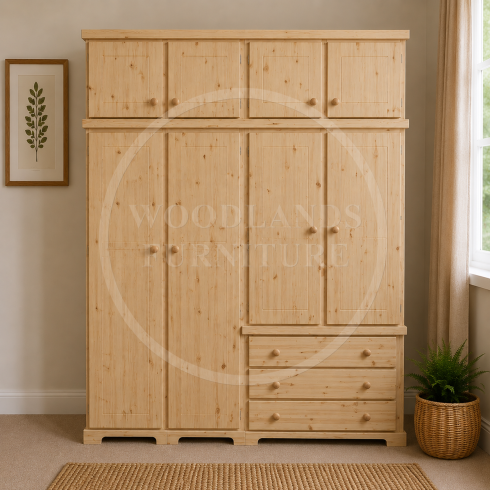 BALTIC SOLID PINE 4 DOOR 3 DRAWER WARDROBE  WITH TOPBOX IN NATURAL POLISHED