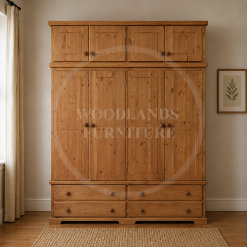 BALTIC SOLID PINE 4 DOOR 4 DRAWER WARDROBE WITH TOPBOX IN LIGHT OAK WAX