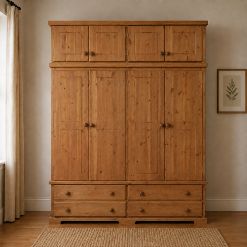 BALTIC SOLID PINE 4 DOOR 4 DRAWER WARDROBE WITH TOPBOX IN LIGHT OAK WAX