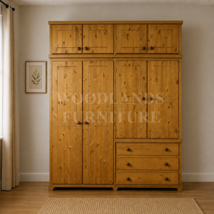 BALTIC SOLID PINE 4 DOOR 3 DRAWER WARDROBE WITH TOPBOX IN LIGHT OAK POLISHED