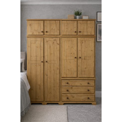 BALTIC SOLID PINE 4 DOOR 3 DRAWER WARDROBE WITH TOPBOX IN LIGHT OAK WAX