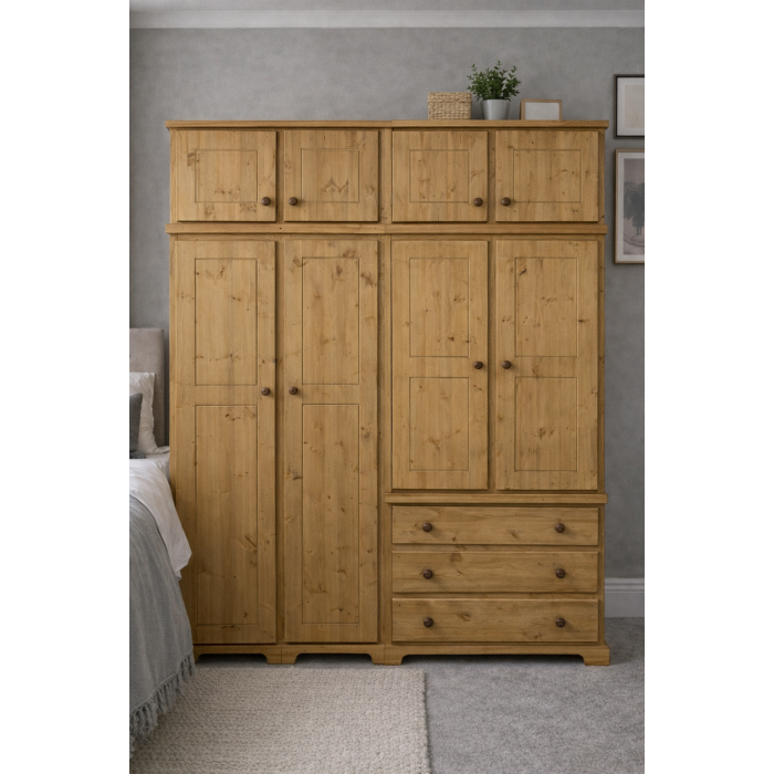 BALTIC SOLID PINE 4 DOOR 3 DRAWER WARDROBE WITH TOPBOX IN LIGHT OAK WAX BALTIC SOLID PINE 4 DOOR 3 DRAWER WARDROBE WITH TOPBOX IN LIGHT OAK WAX