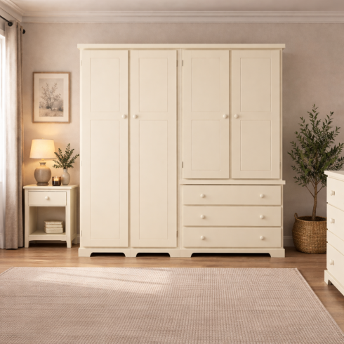 BALTIC SOLID PINE 4 DOOR 3 DRAWER QUAD WARDROBE IN IVORY