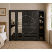 BALTIC SOLID PINE 4 DOOR 3 DRAWER MIRRORED WARDROBE WITH BOOKCASE IN BLACK