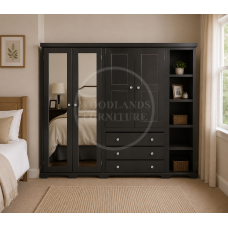BALTIC SOLID PINE 4 DOOR 3 DRAWER MIRRORED WARDROBE WITH BOOKCASE IN BLACK