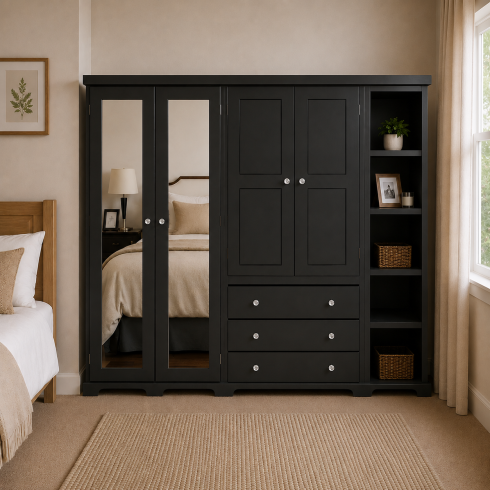 BALTIC SOLID PINE 4 DOOR 3 DRAWER MIRRORED WARDROBE WITH BOOKCASE IN BLACK