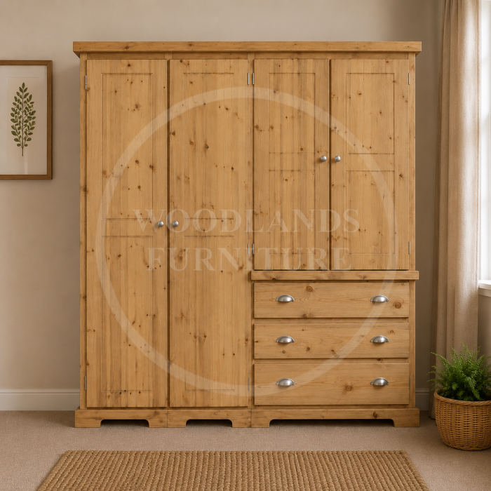 BALTIC SOLID PINE 4 DOOR 3 DRAWER WARDROBE IN LIGHT OAK WAX