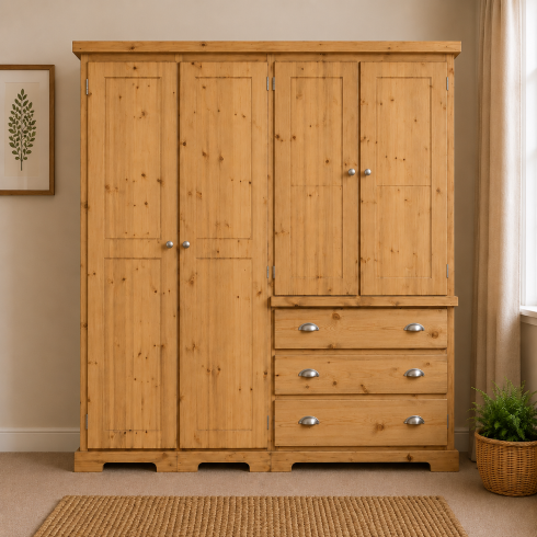 BALTIC SOLID PINE 4 DOOR 3 DRAWER WARDROBE IN LIGHT OAK WAX