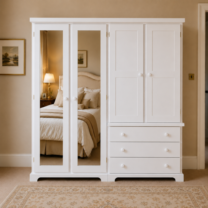 BALTIC SOLID PINE 4 DOOR 3 DRAWER WARDROBE MIRRORED WHITE BALTIC SOLID PINE 4 DOOR 3 DRAWER WARDROBE MIRRORED WHITE