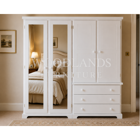 BALTIC  SOLID PINE 4 DOOR 3 DRAWER WARDROBE MIRRORED WHITE