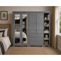 BALTIC SOLID PINE 4 DOOR 3 DRAWER MIRRORED WARDROBE WITH BOOKCASE IN GREY