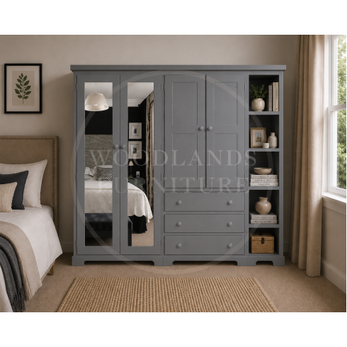 BALTIC SOLID PINE 4 DOOR 3 DRAWER MIRRORED WARDROBE WITH BOOKCASE IN GREY