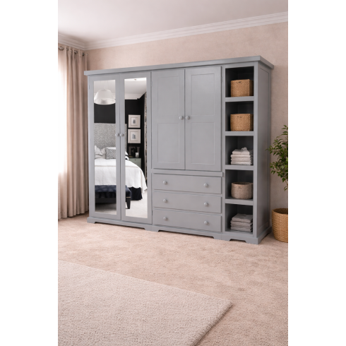 BALTIC SOLID PINE 4 DOOR 3 DRAWER MIRRORED WARDROBE WITH BOOKCASE IN GREY