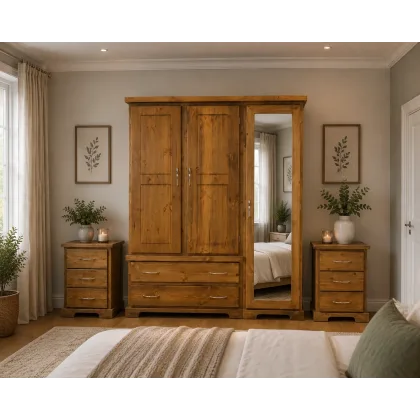 Handmade in England Baltic Triple Full Mirrored 3 Piece Bedroom Set in Kenilworth Oak Wax