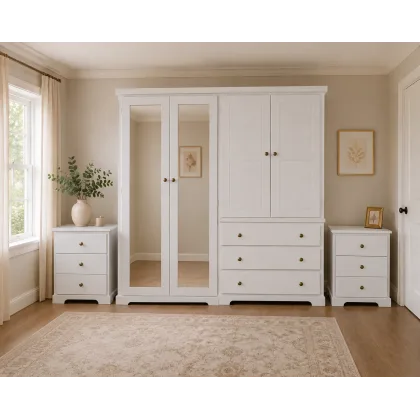 Handmade in England Baltic Solid Pine Quad Double Mirrored 3 Piece Bedroom Set in White